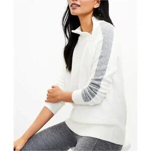 Lou & Grey Mock Neck Wool Cream Grey Stripe Ski Style Zipper Sweater Size M